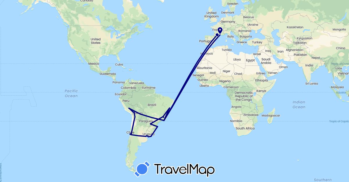 TravelMap itinerary: driving in Argentina, Bolivia, Brazil, Chile, France, Peru, Uruguay (Europe, South America)